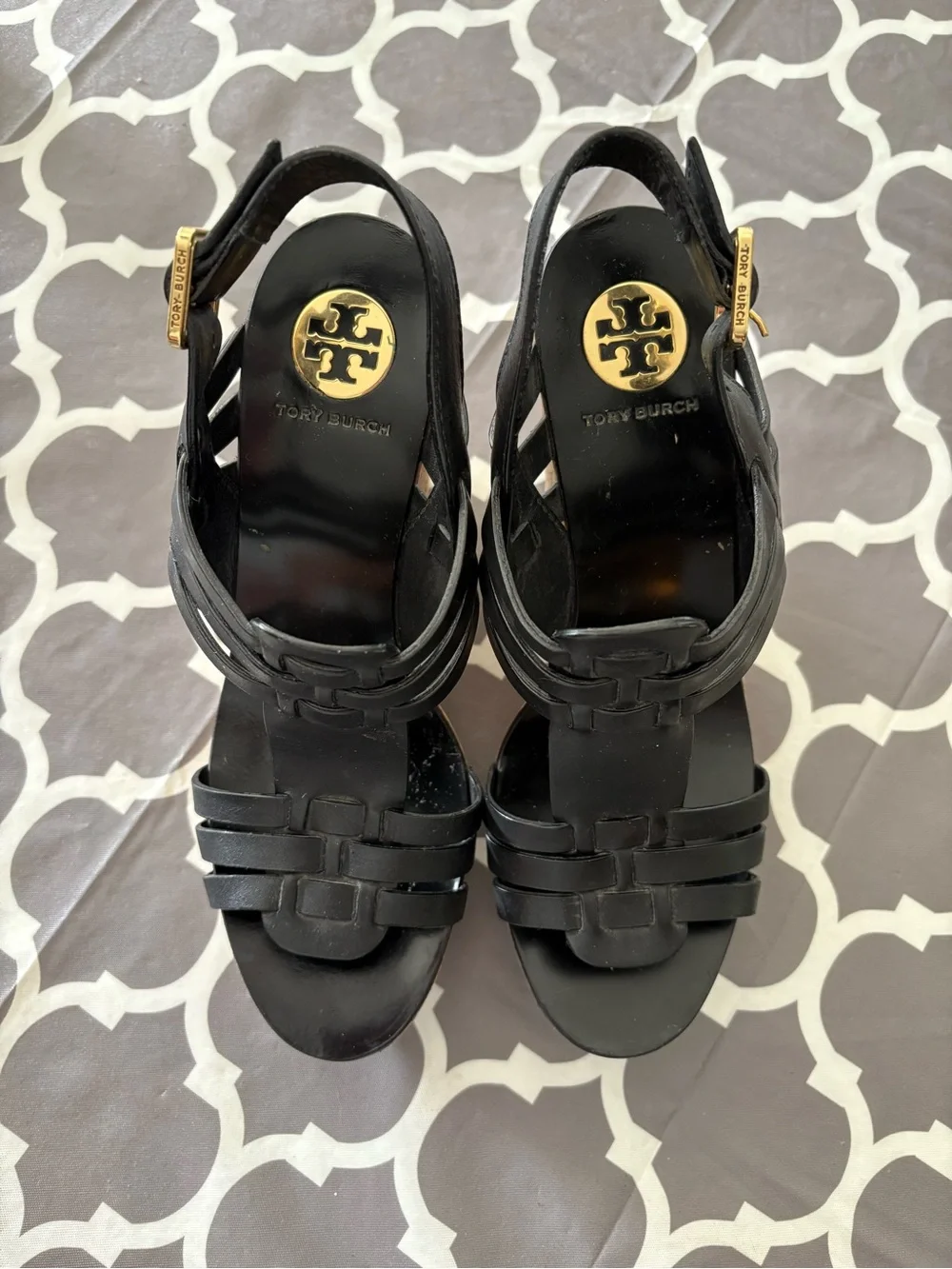 Tory Burch Leslie Black Leather Cork Wedge Sandals